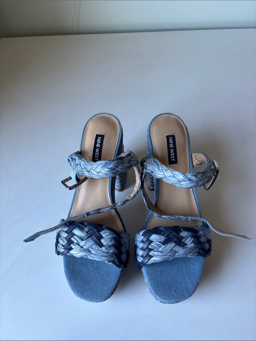 Nine West Braided Blue Denim-Strap Block Heel Sandals